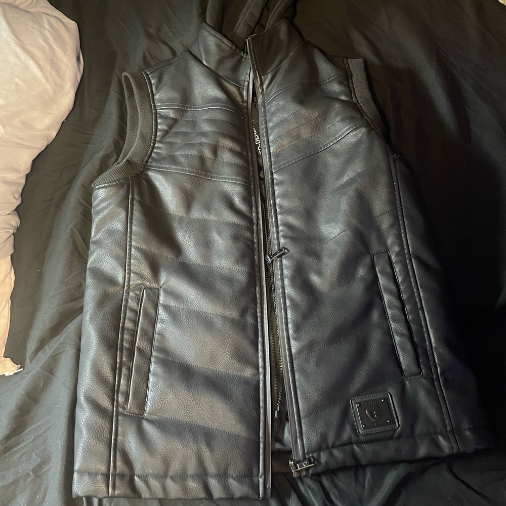 Black Fried Denim Zip Up Jacket Vest